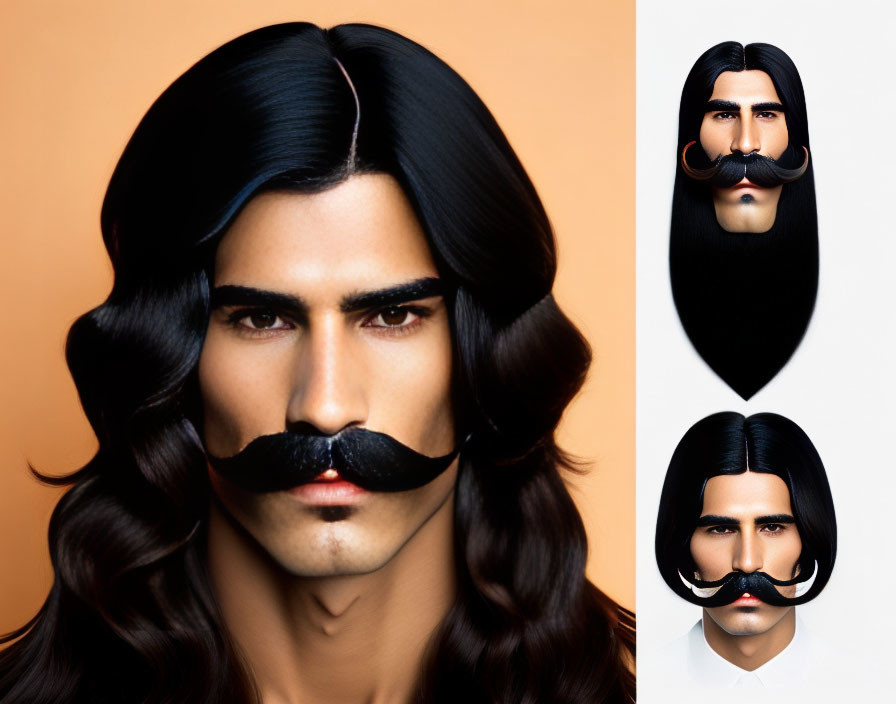 Conceptual triptych featuring man with stylized black hair and mustache on warm background in three