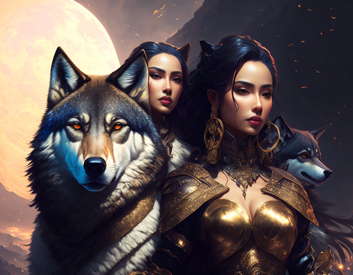 Stylized women in golden armor with wolves in twilight landscape