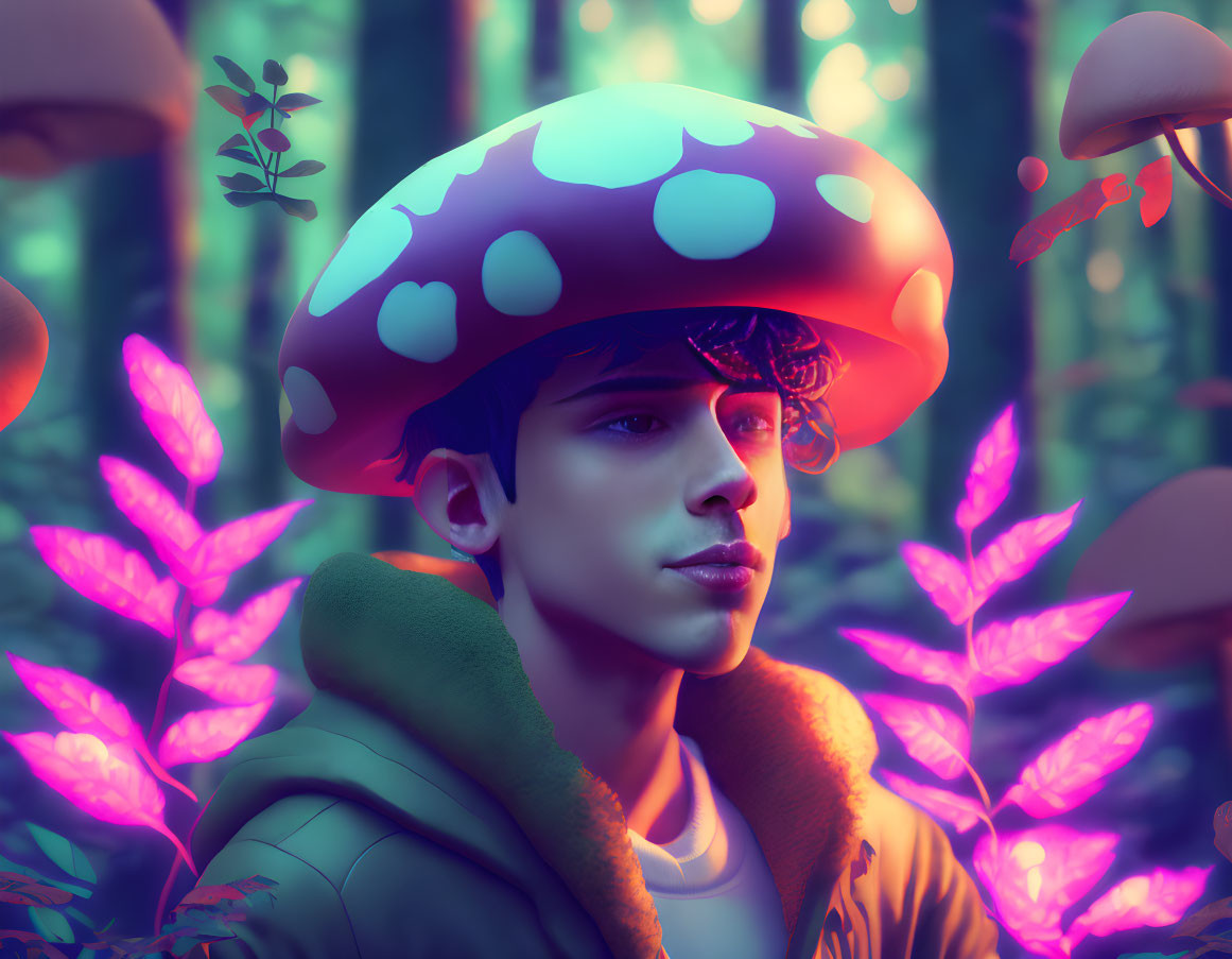 Stylized portrait of young person with red mushroom hat in mystical forest