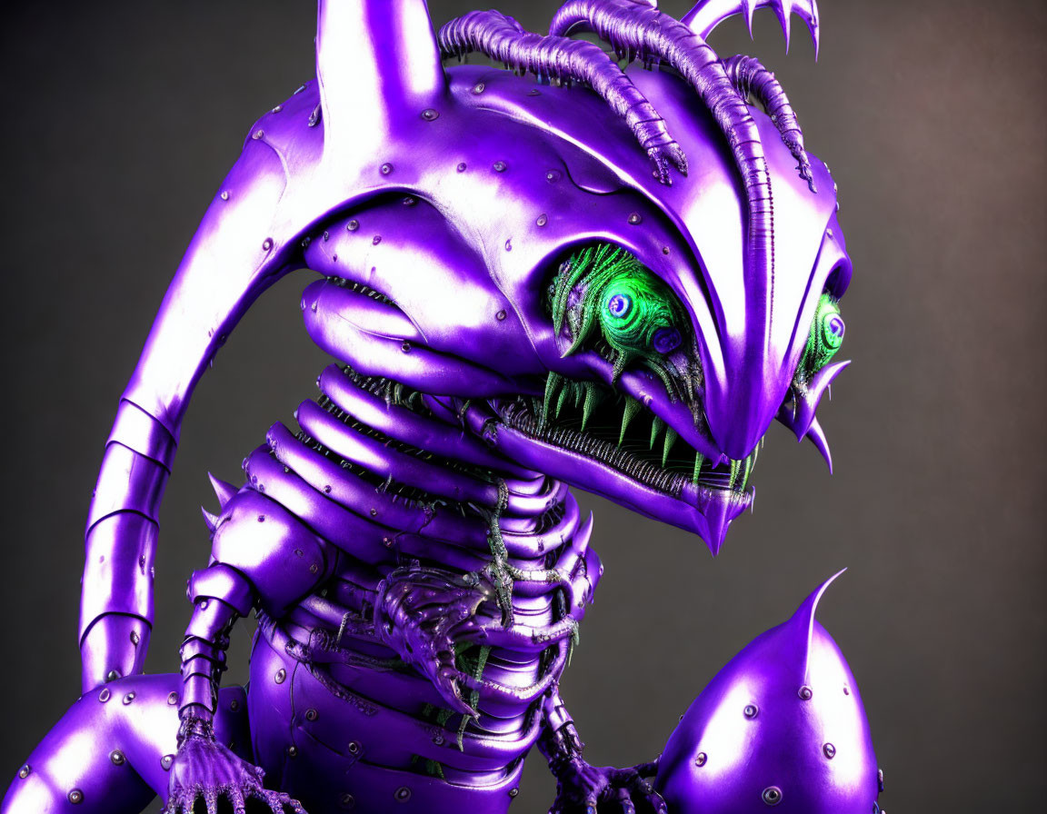 Purple biomechanical creature with green eyes and metallic exoskeleton.