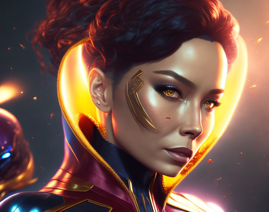 Futuristic digital art portrait of woman in superhero costume