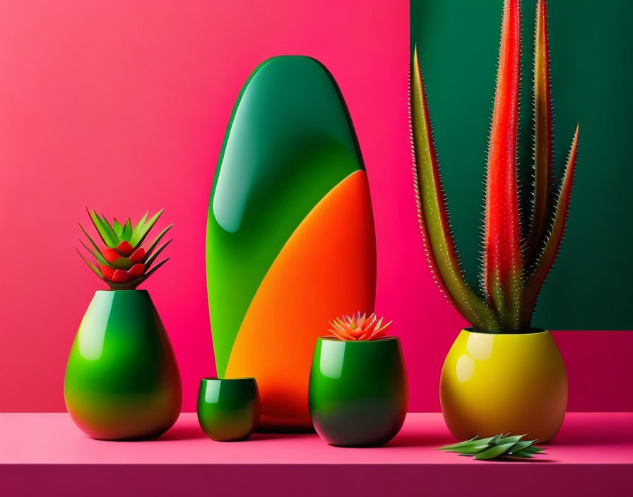 Vibrant 3D-rendered cacti art on pink and red backdrop