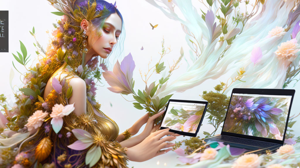 Fantasy image of woman with floral adornments using laptop in surreal setting