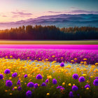 Colorful Flower Fields Landscape with Small House, Forest, and Sunset Sky