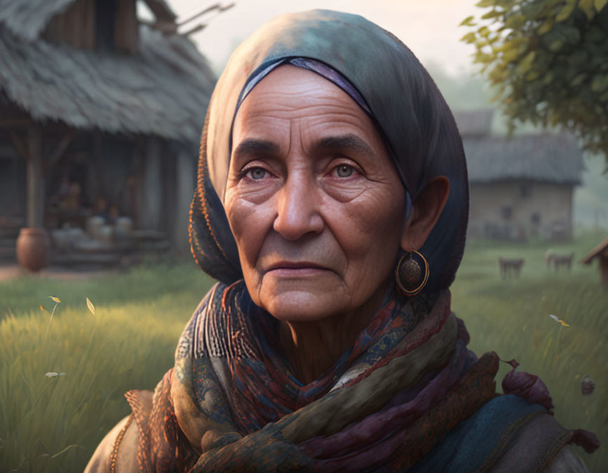 Elderly woman in headscarf and hoop earrings gazes at rustic farm scene