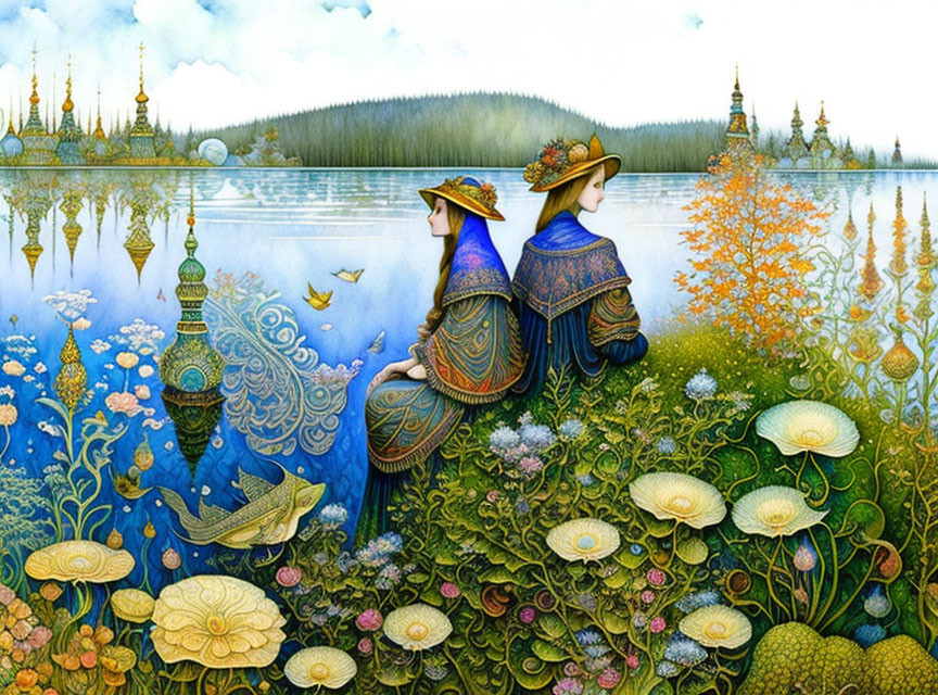 Two women in traditional attire admire fantastical landscape with vibrant flora and ornate architecture