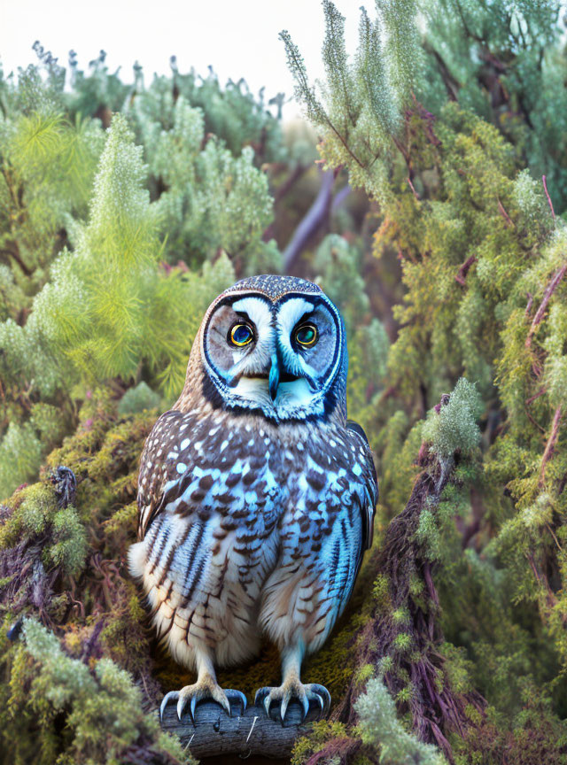 Majestic owl with striking blue eyes in lush green foliage