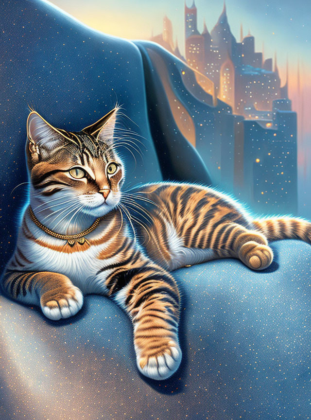 Tabby Cat with Necklace Lounging on Blue Cloth with Cityscape Background