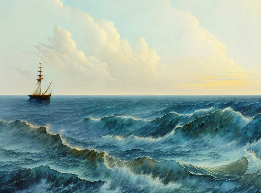 Sailing ship painting on vast ocean with rolling waves under soft cloudy sky