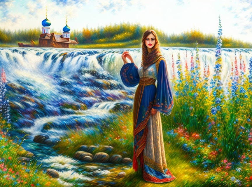 Woman in traditional dress by vibrant flower field and waterfall.