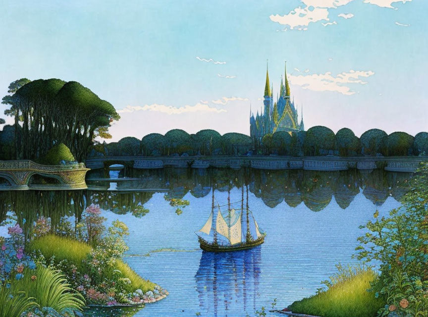 Tranquil dusk scene: sailboat, castle, lush greenery reflected in serene lake