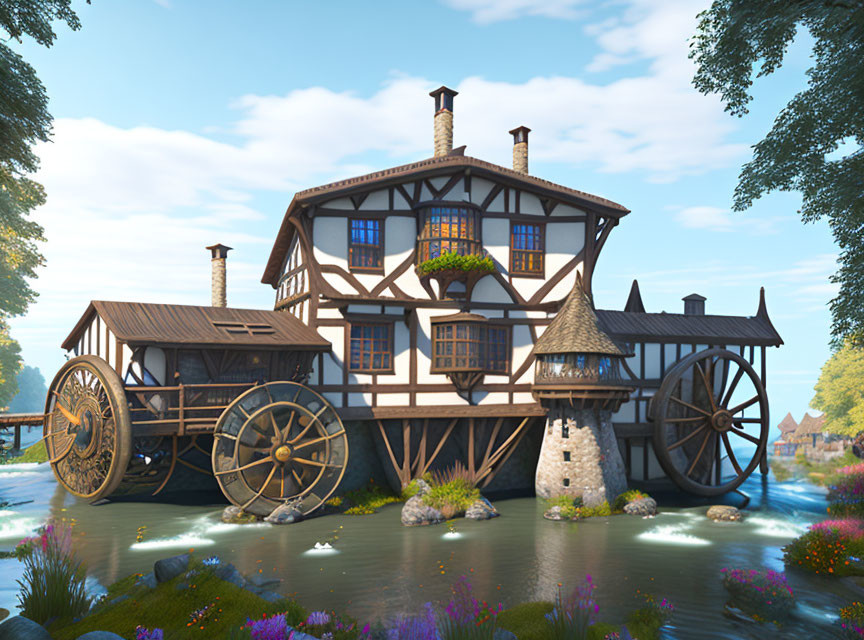 Two-story house with water wheels on island surrounded by stream