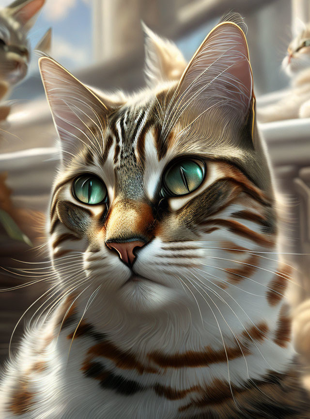 Detailed Realistic Tabby Cat with Green Eyes and Facial Stripes Surrounded by Other Cats