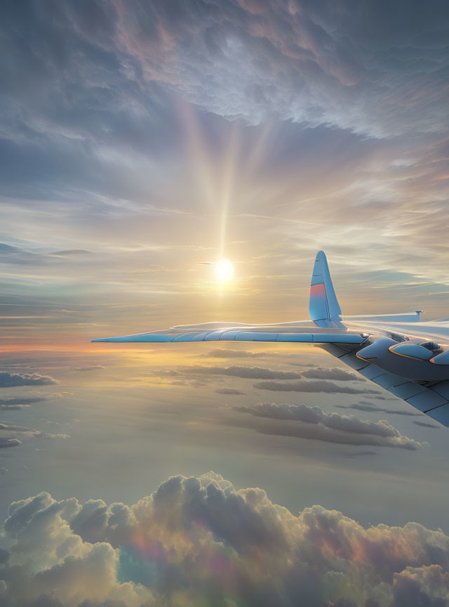 Aircraft wing in sunset sky with sunbeams through clouds