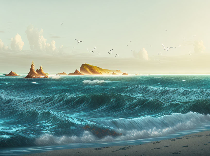 Tranquil beach scene with crashing waves, flying birds, and distant rocky islands