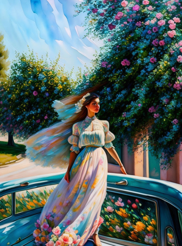 Woman in Floral Dress by Vintage Car and Blossoming Tree