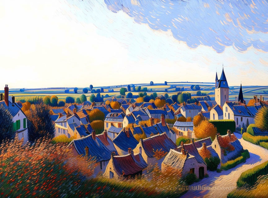 Colorful village painting with orange-roofed houses and church spire.