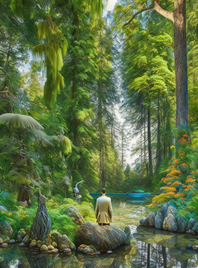 Tranquil forest scene with person by stream and blue boat in lush green surroundings