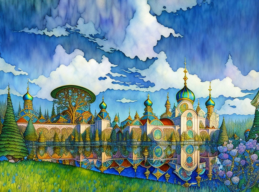 Colorful whimsical artwork of imaginative landscape with ornate structures and onion domes surrounded by lush green