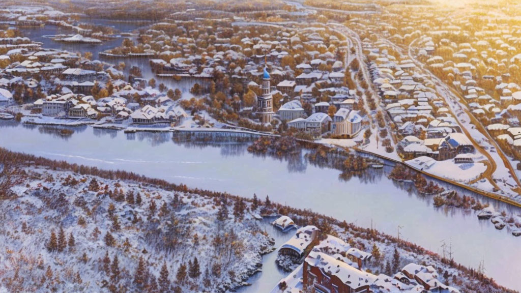 Snow-covered village with river, trees, and buildings at sunset