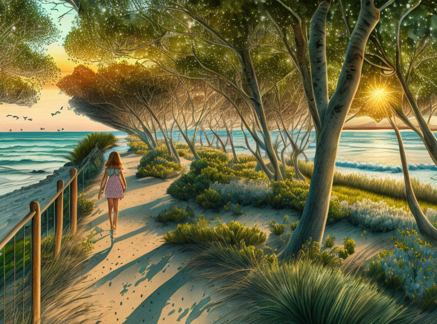 Girl walking on sandy beach path under sunset sky with birds and greenery