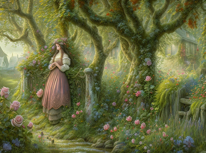 Vintage-clad woman in lush forest with blooming flowers and cottage.