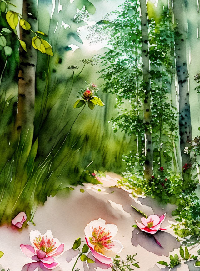 Serene forest path watercolor with greenery and pink flowers