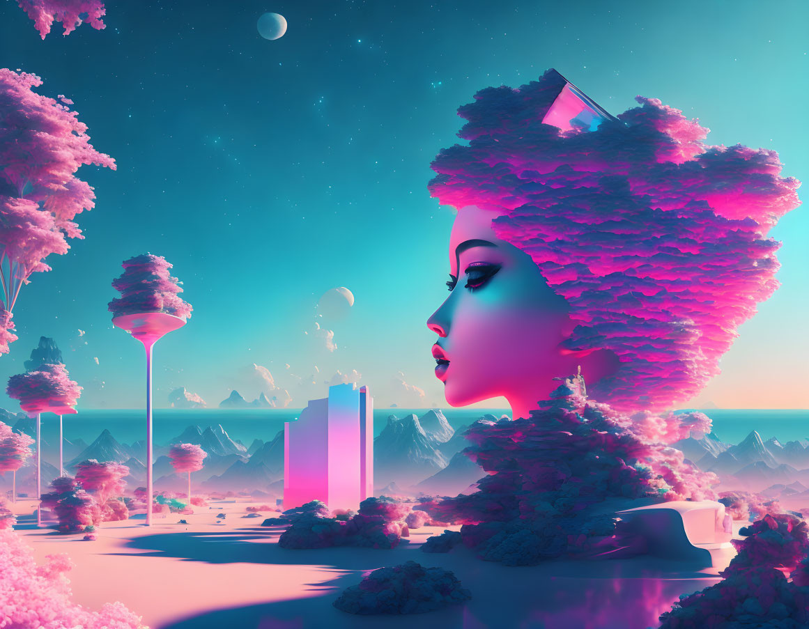 Surreal landscape featuring giant woman profile, tree-shaped hair, pink foliage, futuristic structures, and