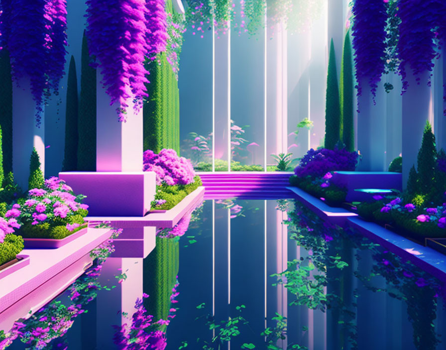 Colorful digital art: Pink and purple foliage, serene waterways, light beams in misty landscape