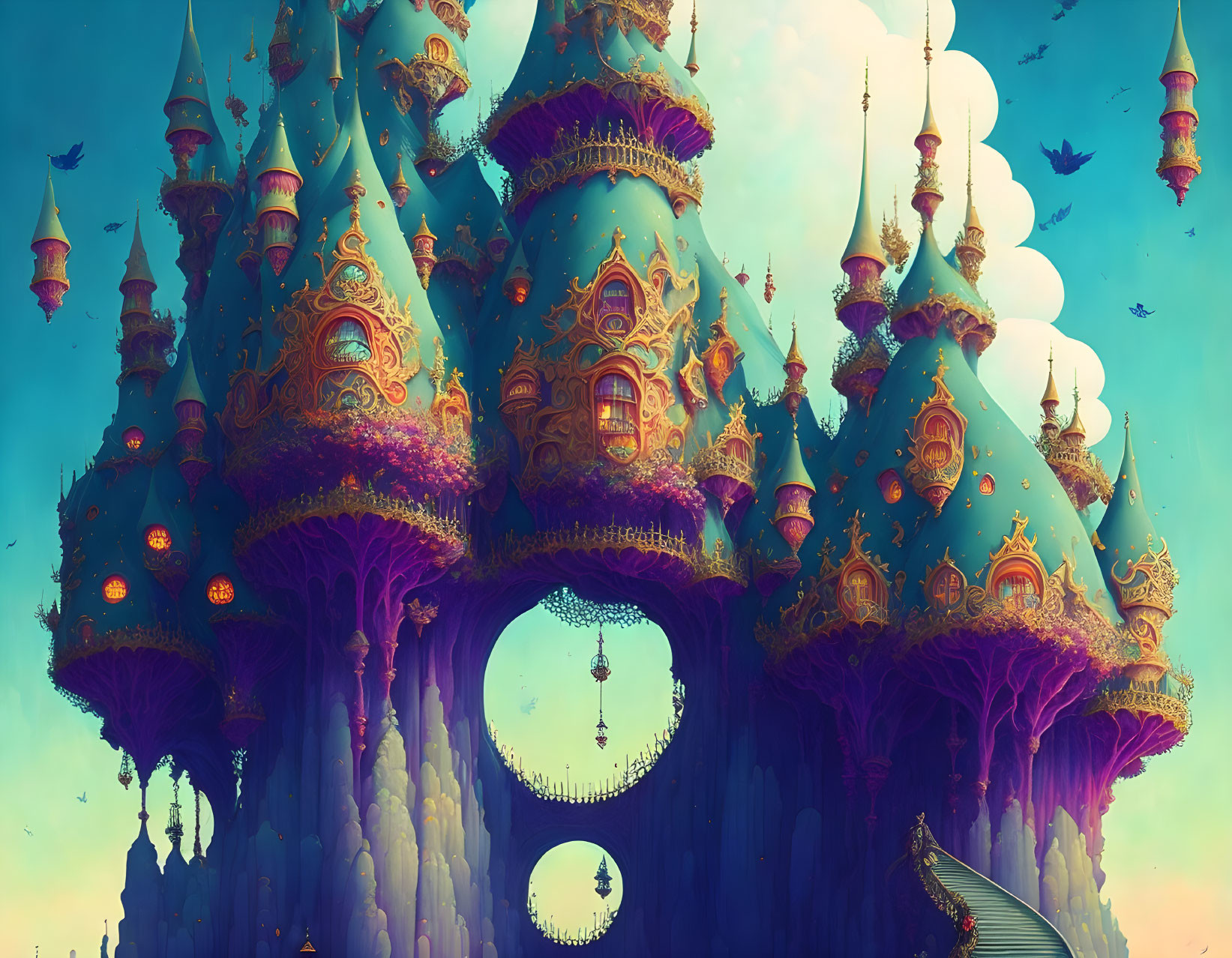 Ethereal fantasy castle with towers and lanterns in teal sky