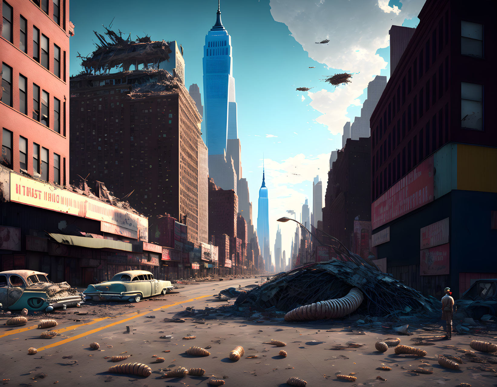 Deserted urban scene with damaged buildings and giant snail shells in a post-apocalyptic setting