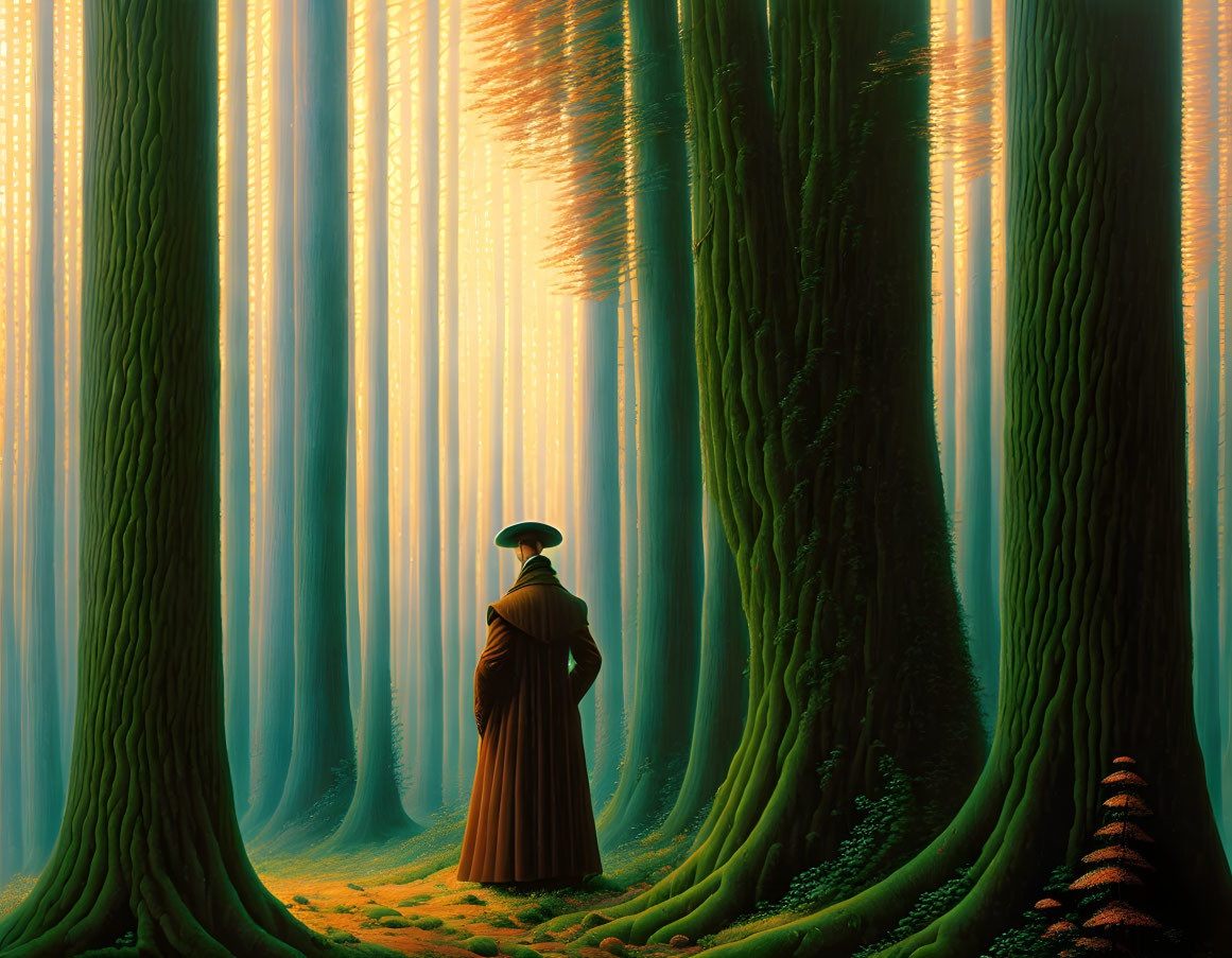 Mysterious forest scene with lone figure and ethereal light