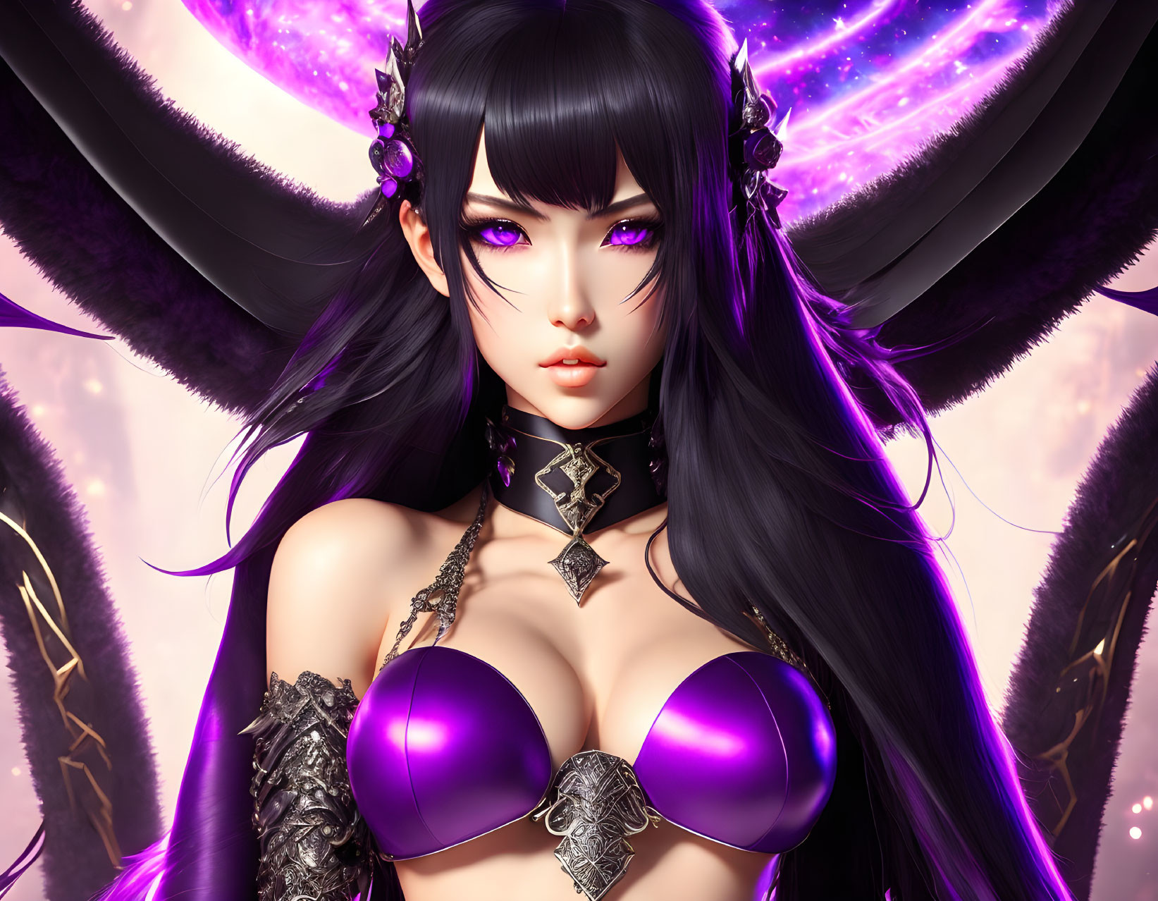 Fantasy digital art: Female character with purple eyes, black hair, in metallic outfit