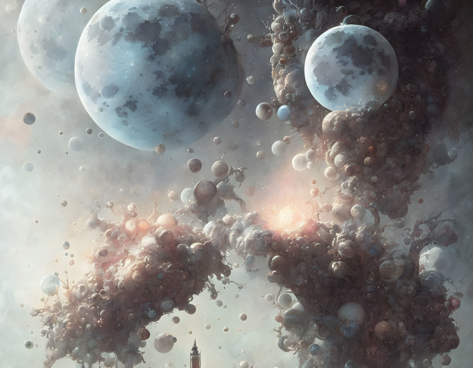 Various-sized planets and moons in swirling nebula clouds with a tower-like structure