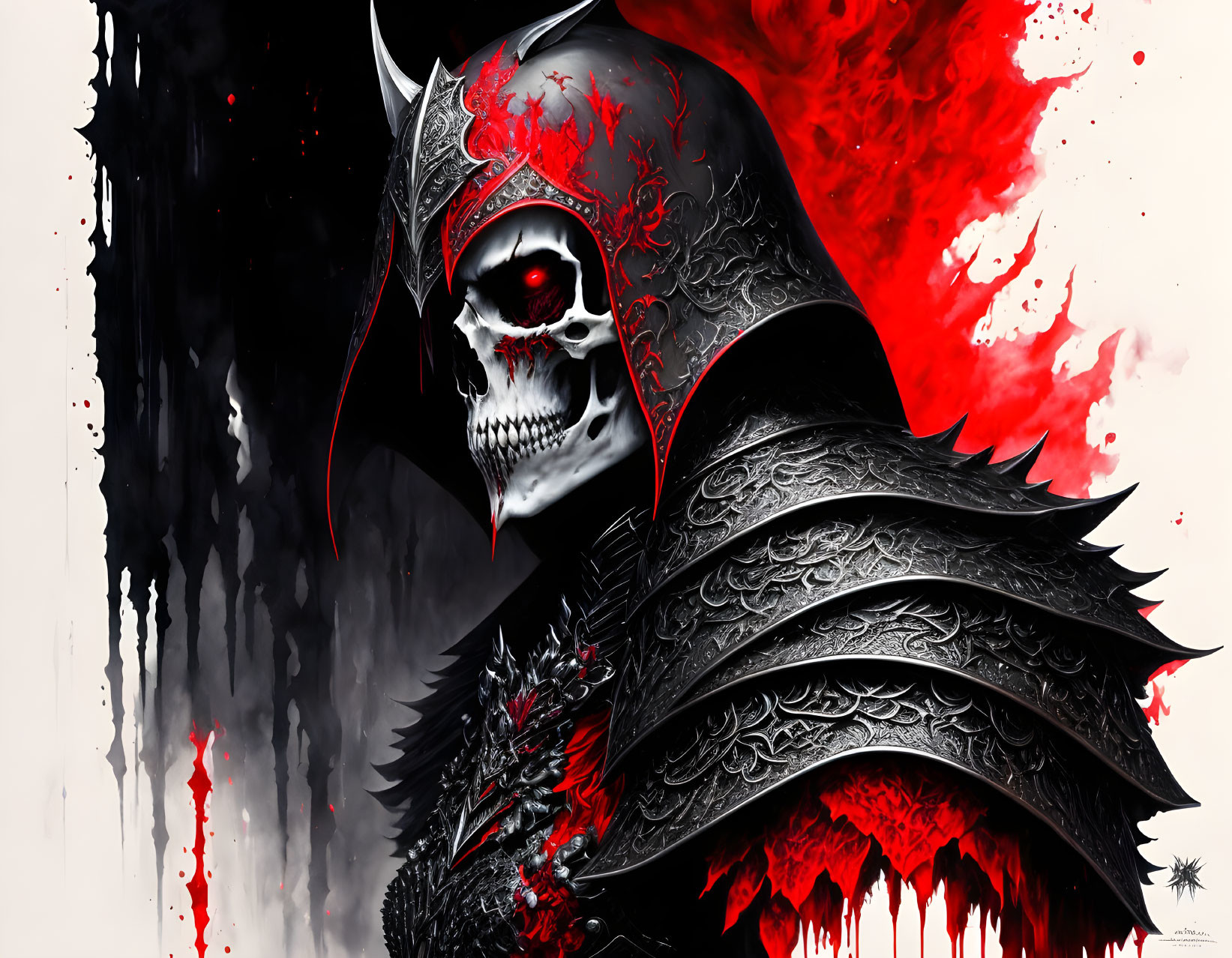 Digital artwork: Skeletal warrior in black and red armor on blood-red backdrop
