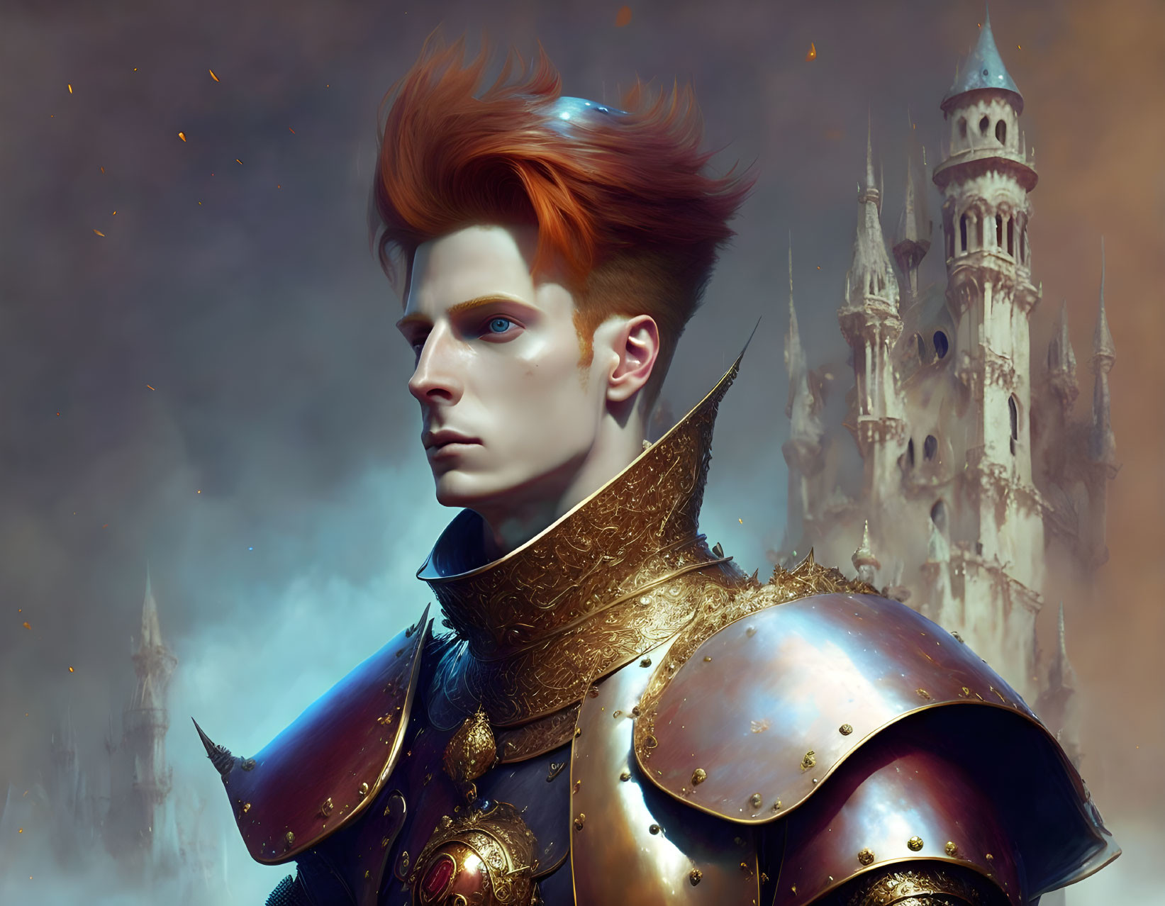 Regal figure with fiery hair in golden armor at fantasy castle