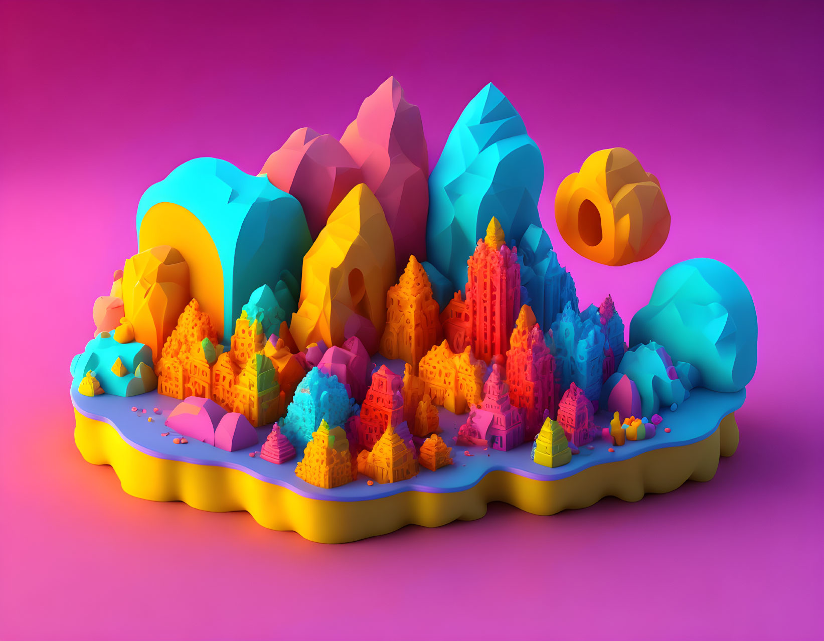 Colorful 3D illustration of whimsical island with vibrant trees, structures, and mountains on pink