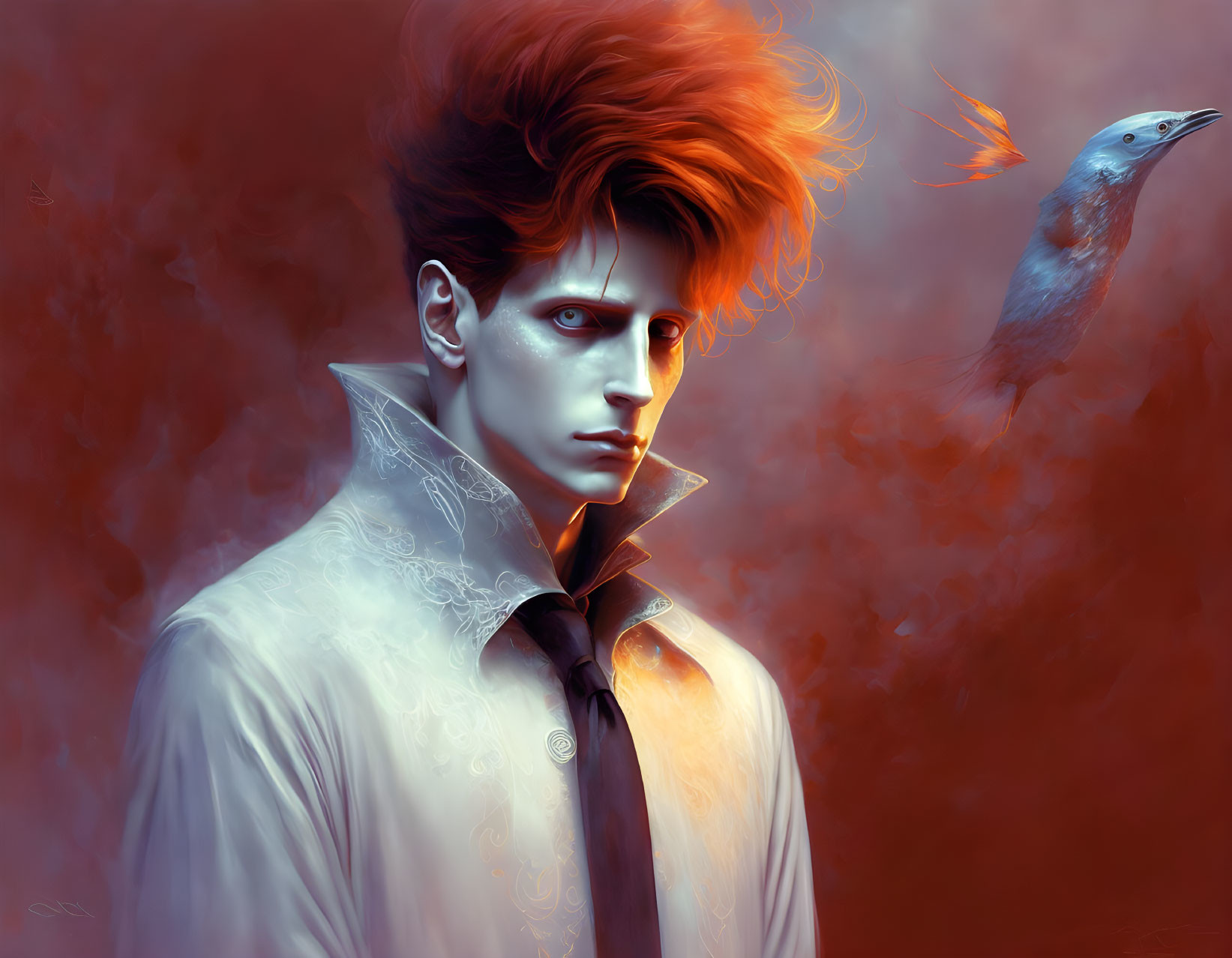 Digital portrait features fiery red hairstyle and intense gaze with blue bird against vivid red backdrop