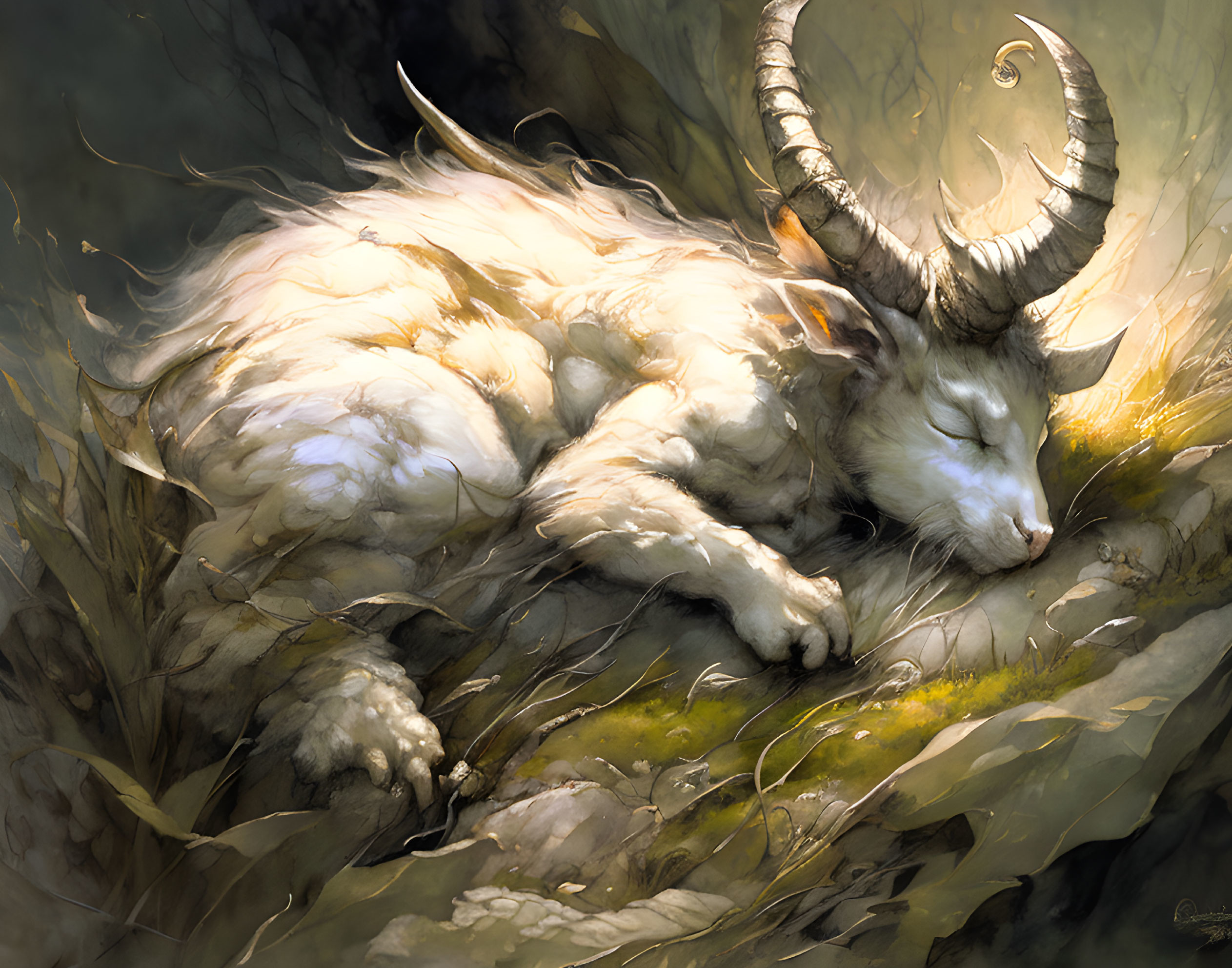 Fantastical white fluffy cat with curled horns sleeping in sunlit forest