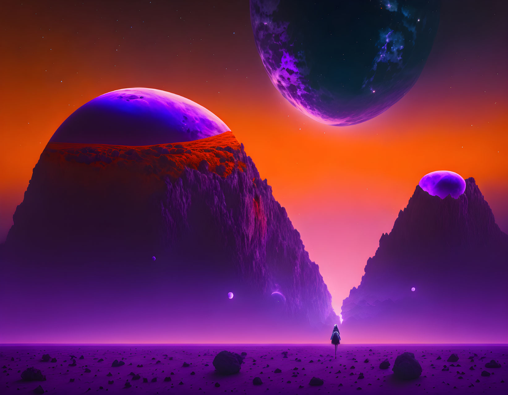 Person standing between towering cliffs on purple alien landscape with large moons in vivid orange and purple sunset