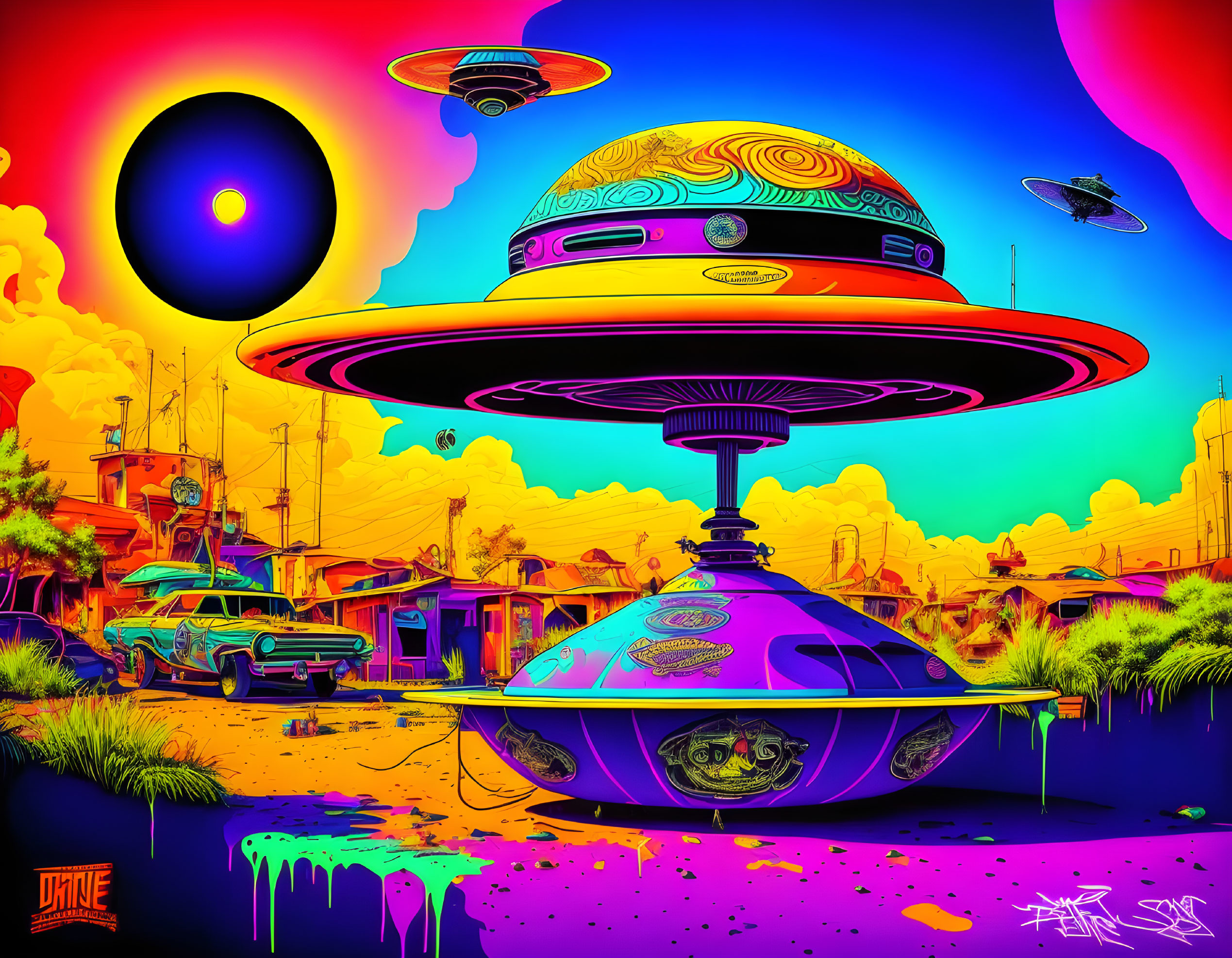 Colorful UFO painting above desert landscape with classic cars