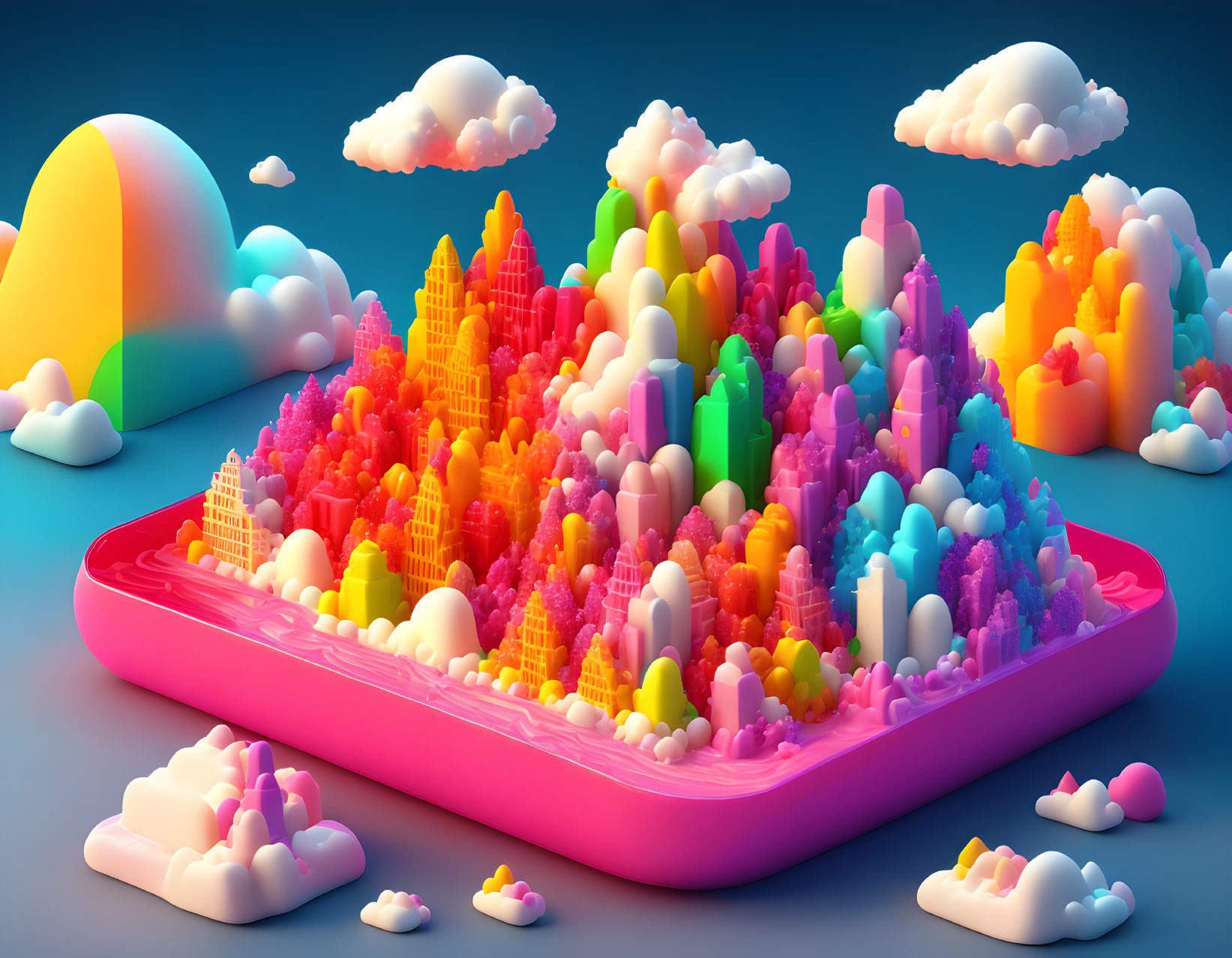 Colorful 3D digital art: Cityscape with crayon skyscrapers on pink platform.