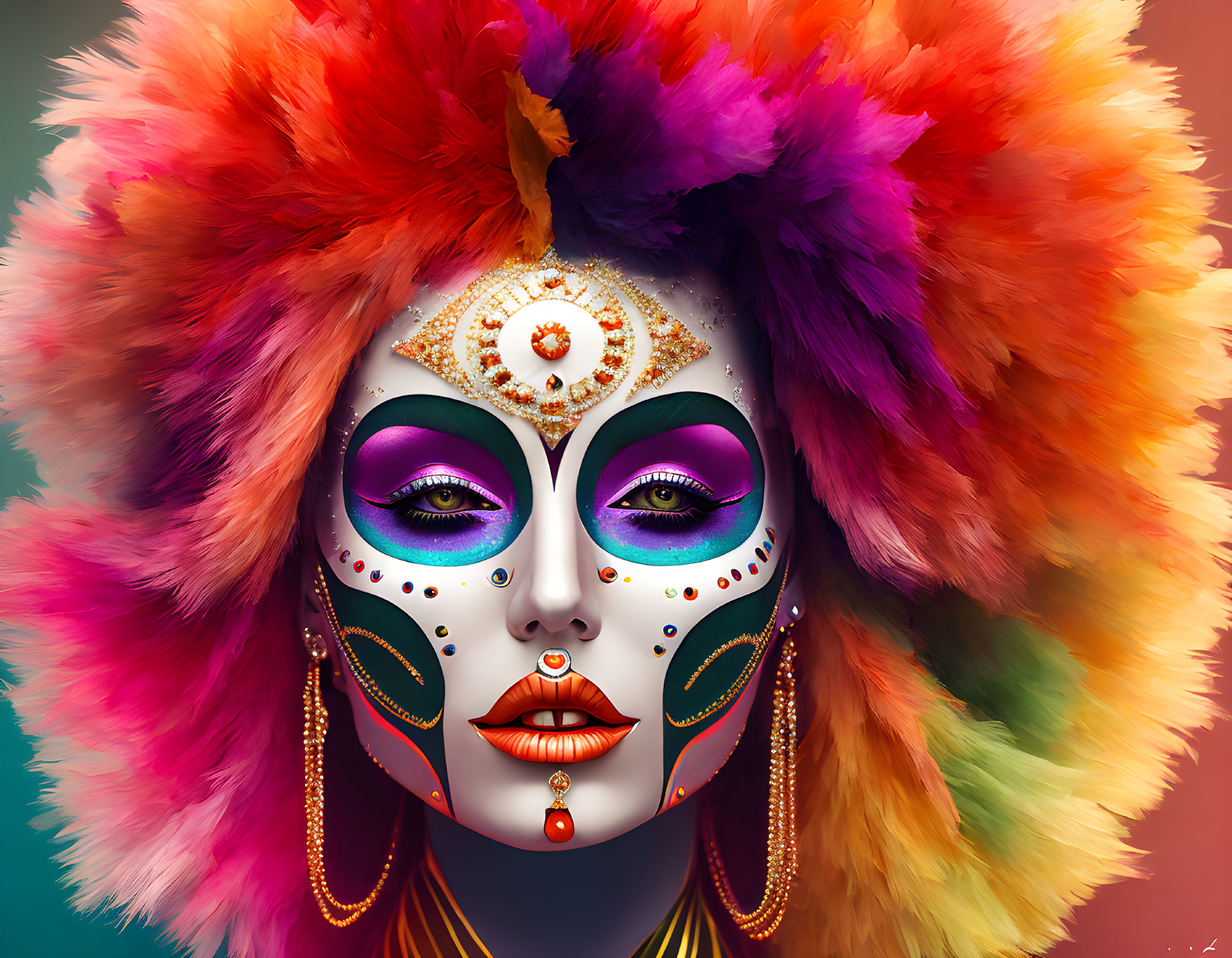 Vibrant woman with purple eyeshadow and feather headdress.