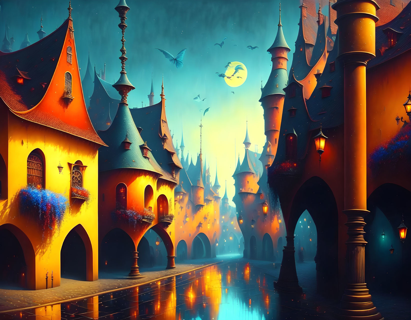 Twilight fantasy cityscape with illuminated buildings, tall spires, and reflective waterway