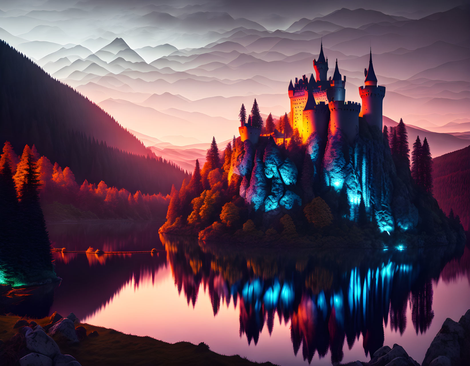 Illuminated Castle on Cliff Reflecting in Tranquil Lake at Dusk