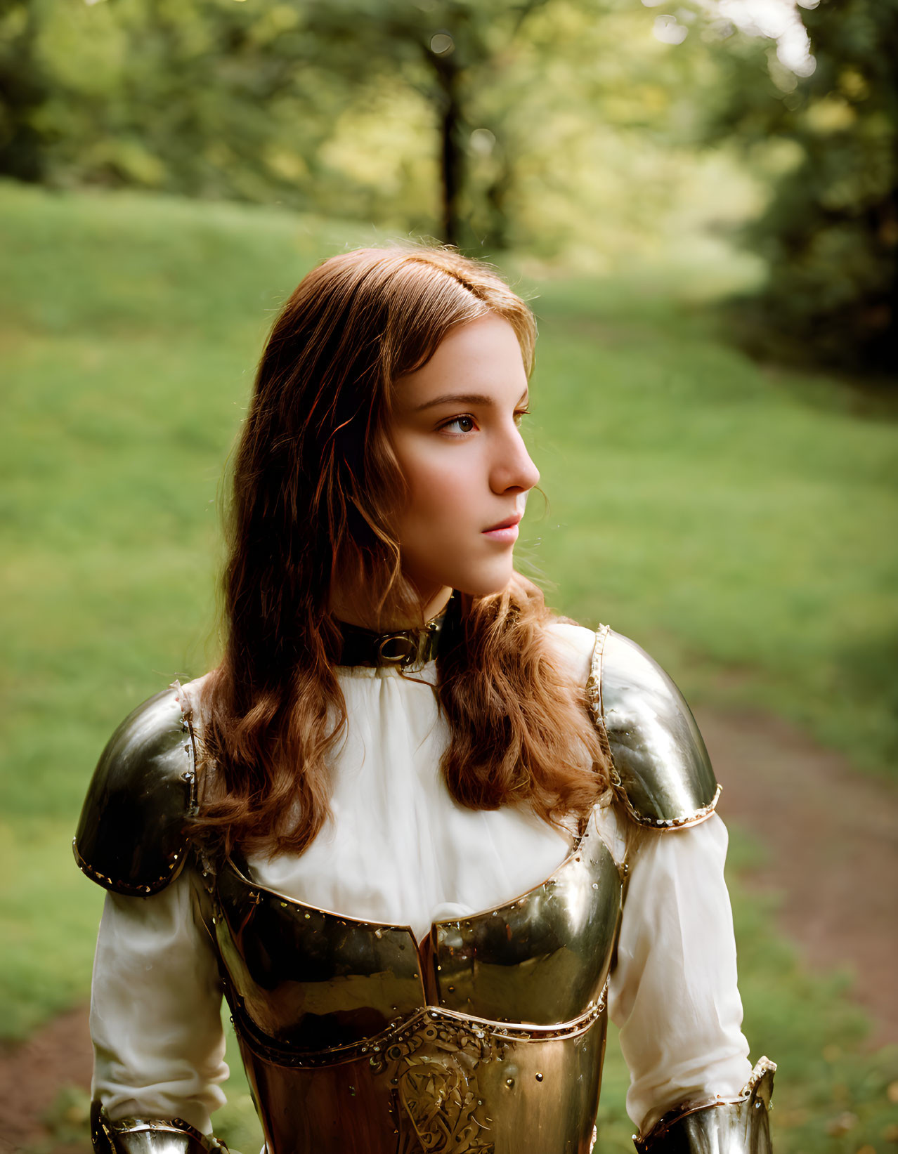 Medieval armor-clad person in green forest landscape