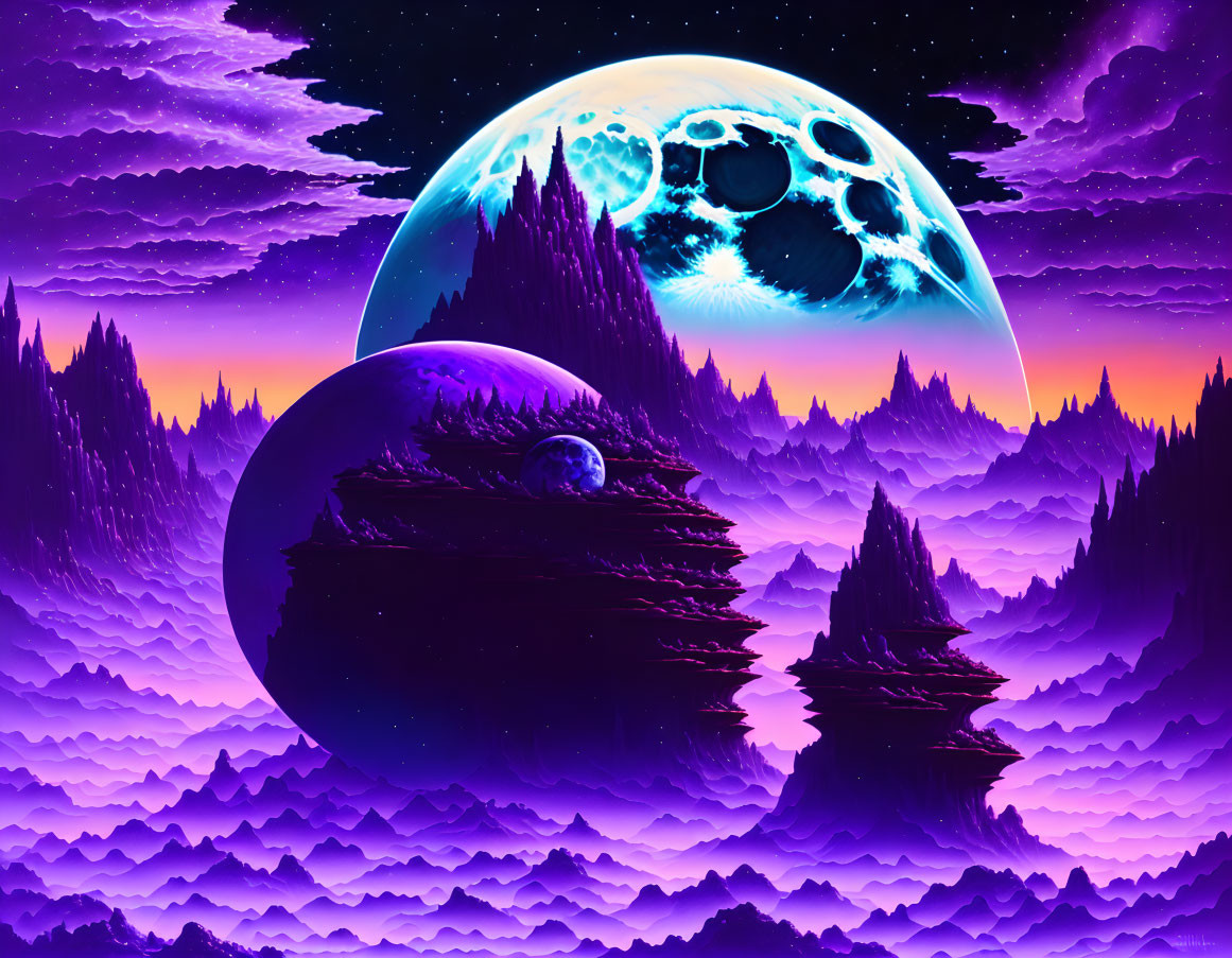 Surreal landscape with purple mountains and celestial bodies