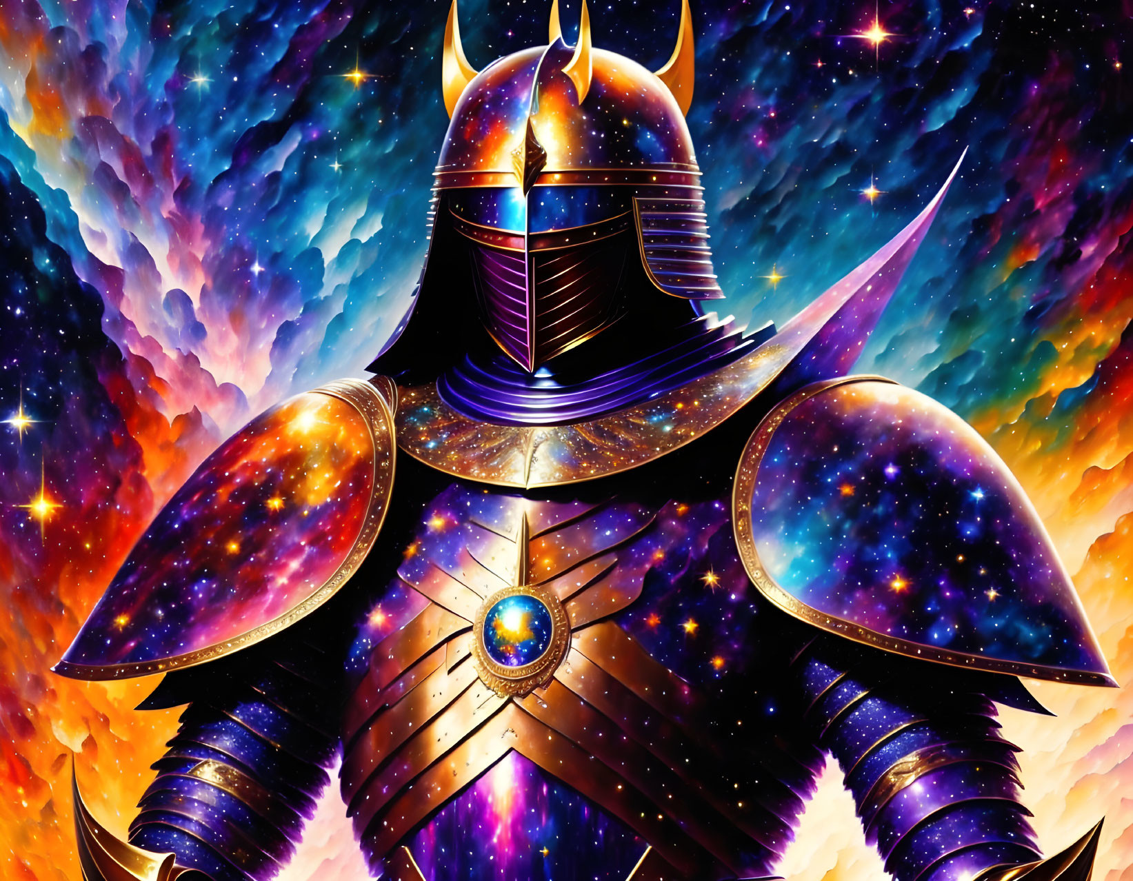 Cosmic knight in star-filled nebula armor on vibrant celestial backdrop