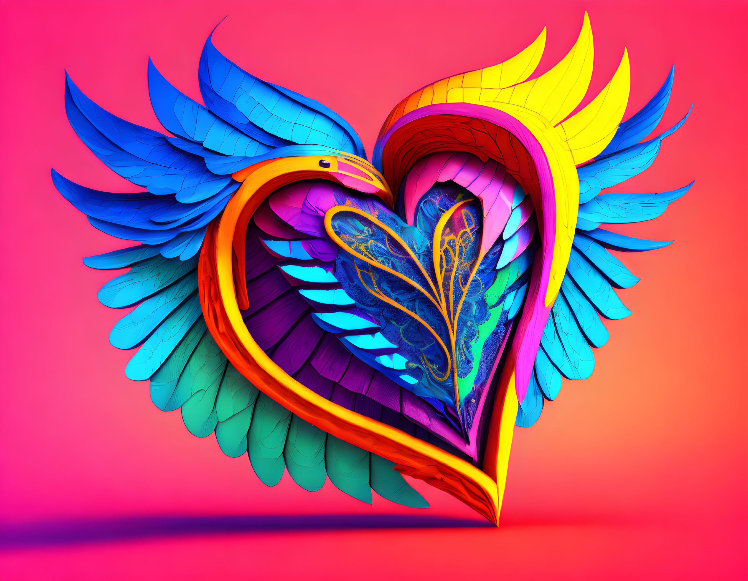 Colorful digital artwork: Heart with blue and yellow feathered wings on pink background