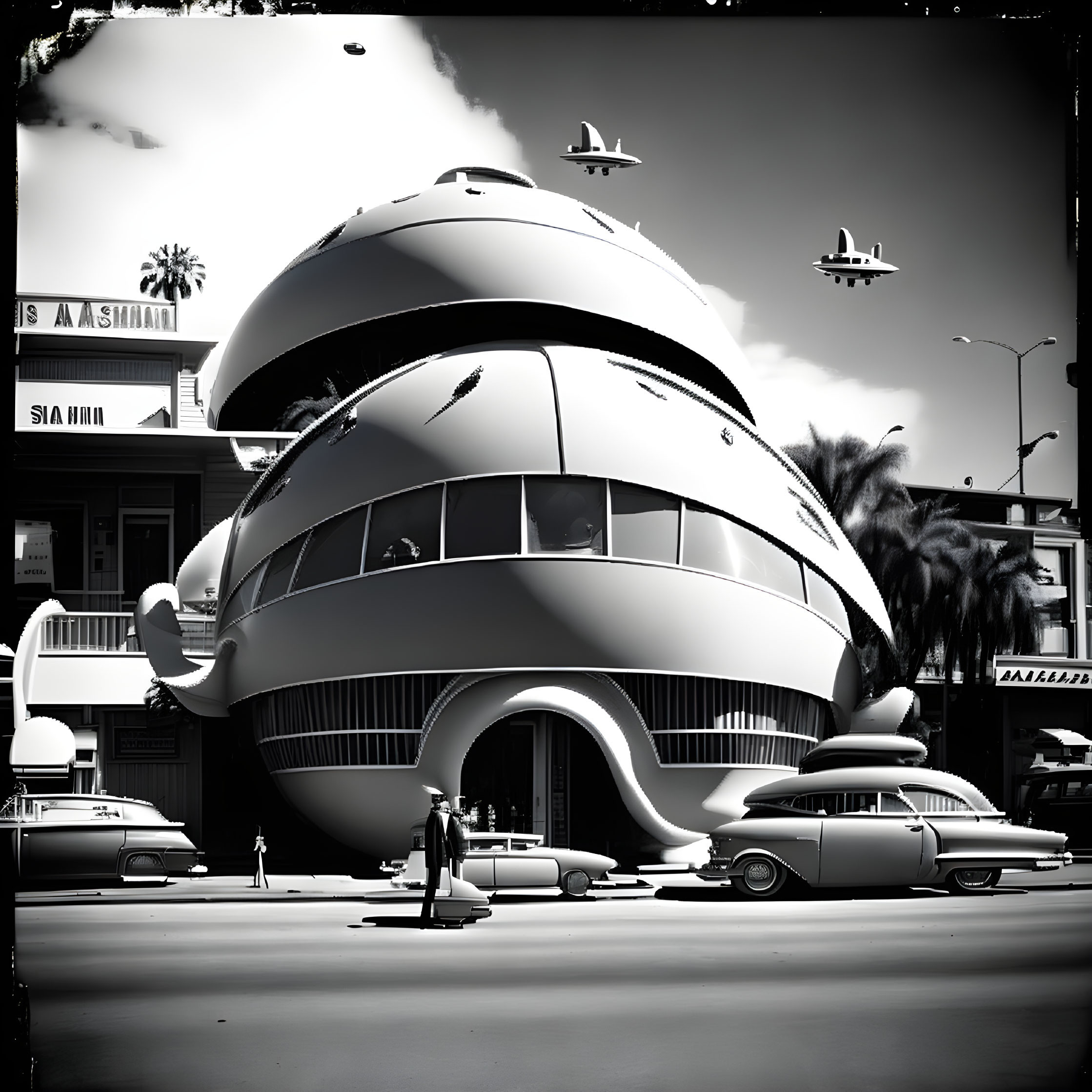 Monochrome image of retro-futuristic building with vintage cars and aircraft